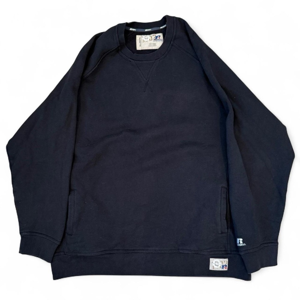 Russell Athletic Black Heavyweight Crewneck Sweatshirt Men's Size XL Pockets Y2K